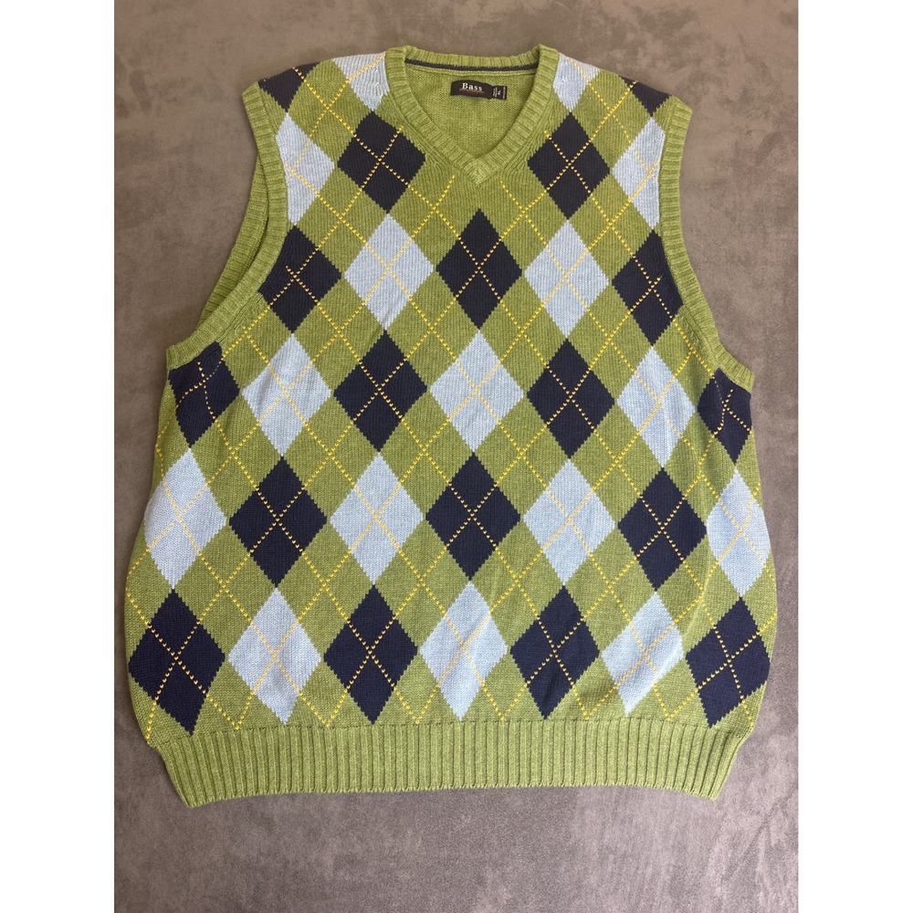 Bass GH Bass & Co Mens XL Green Argyle V-Neck Cotton Knit Sweater Vest